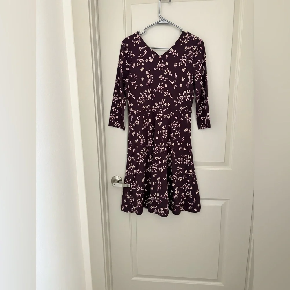 Pact Floral V-Neck Fit & Flare Dress in Plum Floral Print NWOT Size S